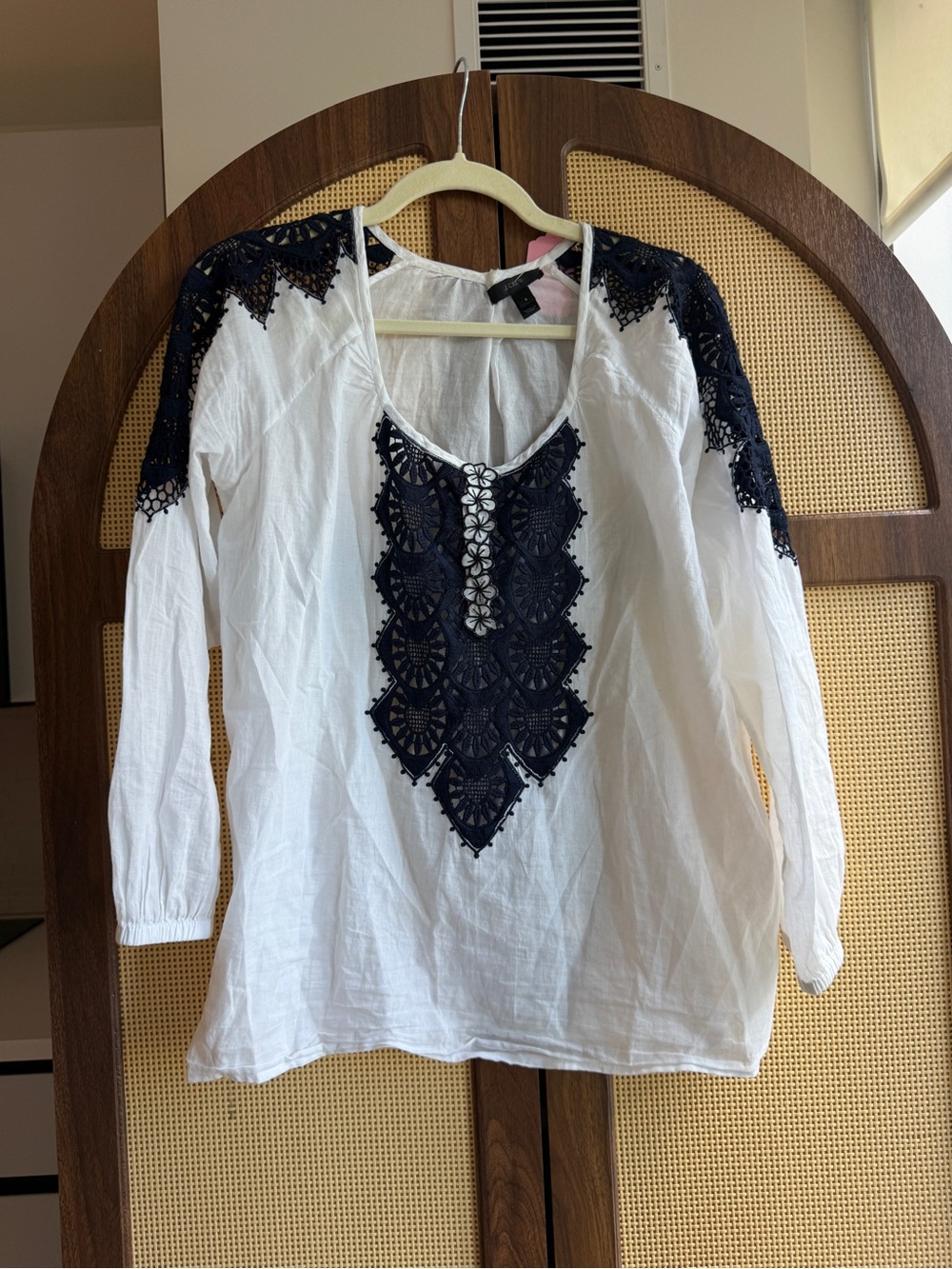 J. Crew White Tunic Top with Navy Lace - size SMALL